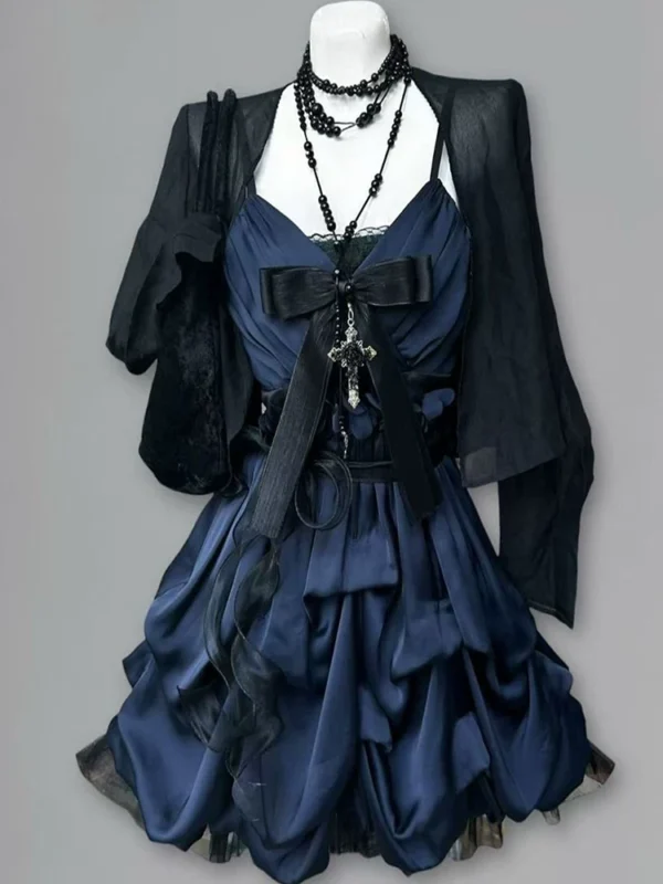 gothic vintage inspired cami mini dress set dark aesthetic bow cross ruched dress with lightweight sheer black sun protection cardigan 2 piece set
