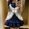 retro nana style vintage 3 piece outfit set sheer white lace cardigan shrug, ribbon bow navy cami top & tiered ruffle mini cake skirt