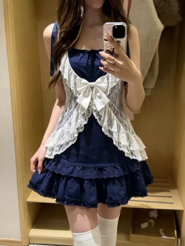 retro nana style vintage 3 piece outfit set sheer white lace cardigan shrug, ribbon bow navy cami top & tiered ruffle mini cake skirt