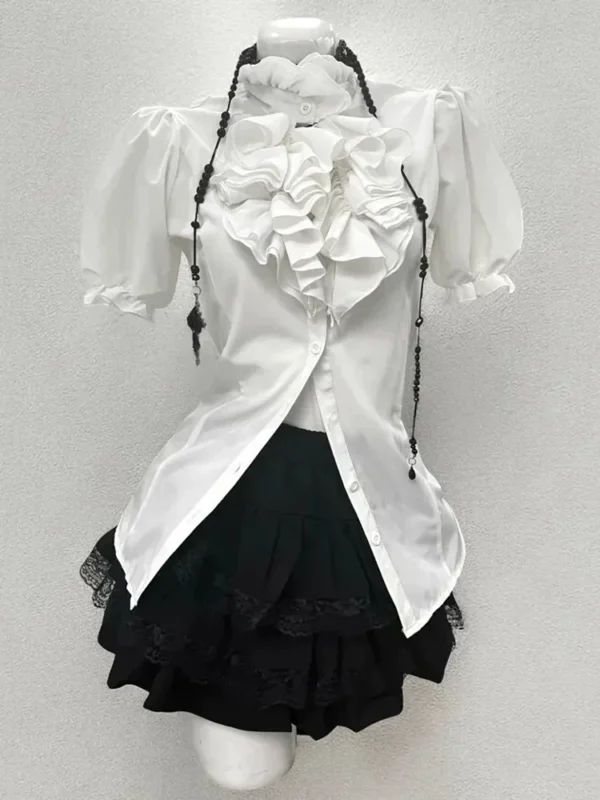 Japanese Preppy Vintage Puff Sleeve Ruffle Shirt, Tailored Vest & Lace Tiered Cake Skirt – Gothic Academic 3-Piece Summer Outfit Set