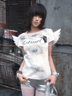 y2k aesthetic angel wing t shirt slim fit short sleeve graphic tee for women, alternative grunge summer top