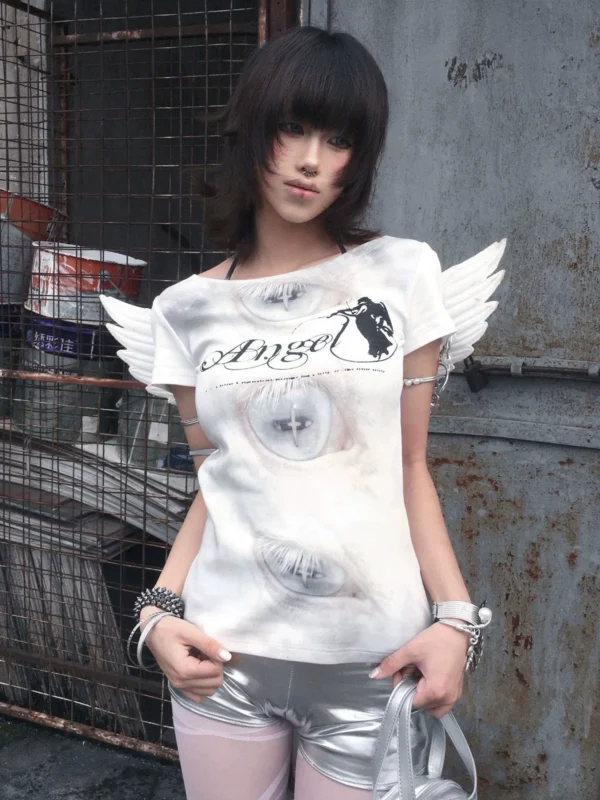 y2k aesthetic angel wing t shirt slim fit short sleeve graphic tee for women, alternative grunge summer top
