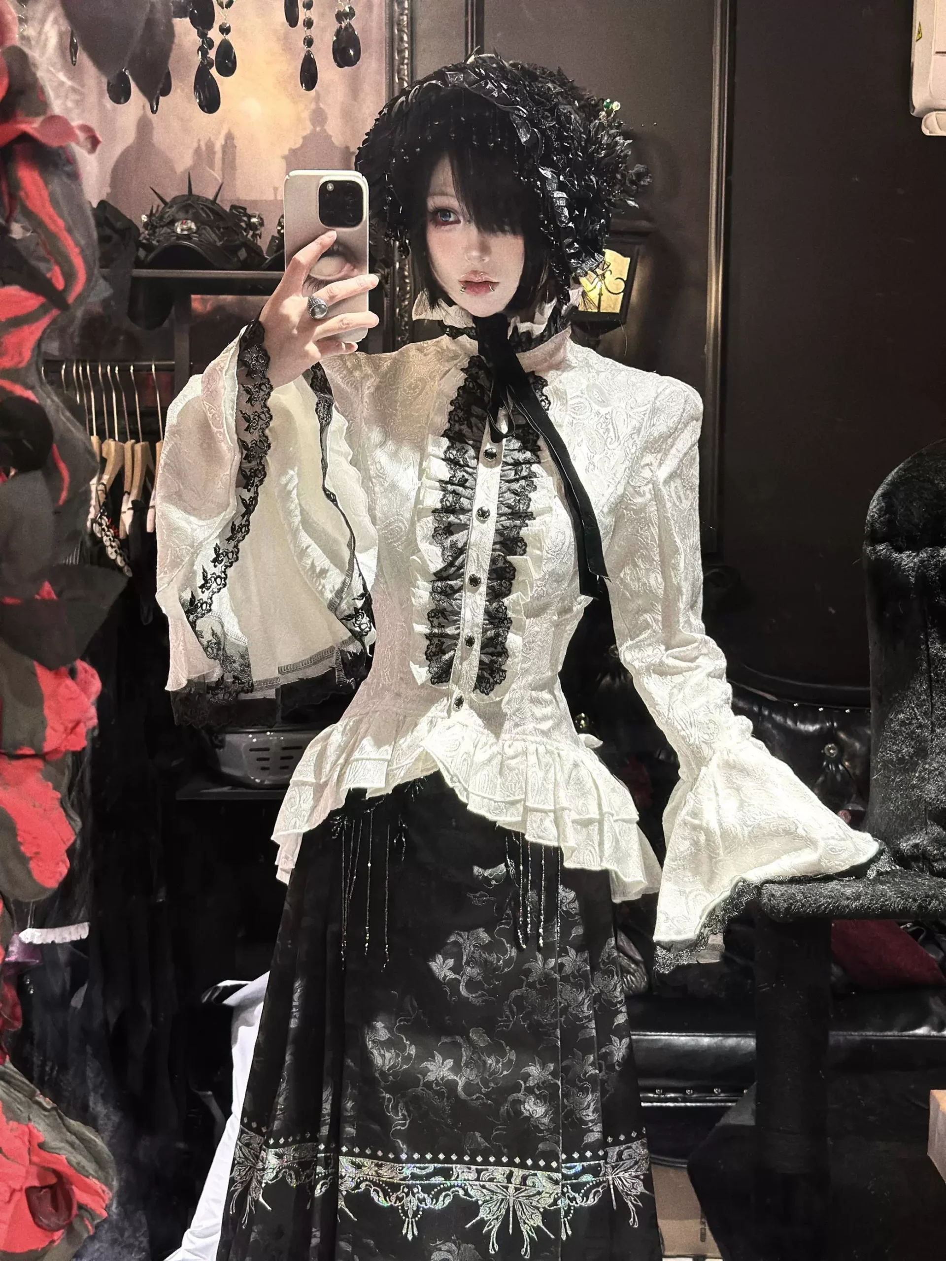 devilfashion women's gothic victorian white blouse – vintage ruffle lace bell sleeve jacquard shirt (sht01702)