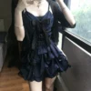 gothic vintage inspired cami mini dress set dark aesthetic bow cross ruched dress with lightweight sheer black sun protection cardigan 2 piece set