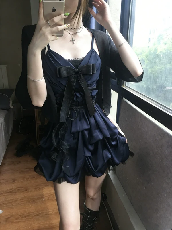 gothic vintage inspired cami mini dress set dark aesthetic bow cross ruched dress with lightweight sheer black sun protection cardigan 2 piece set