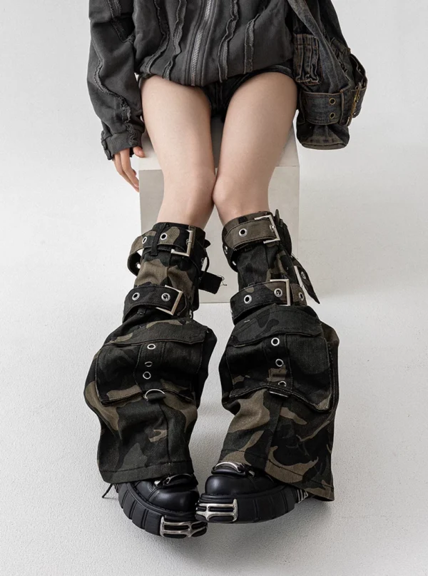Solost Camouflage Denim Leg Warmers – Vintage Washed Punk Buckle Strap Wasteland Style Knee-High Calf Covers