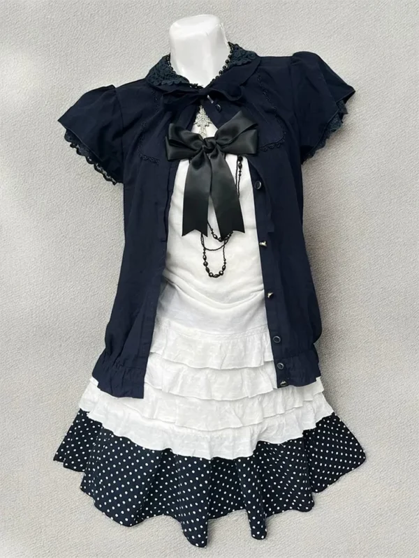 Vintage Summer Japanese Dark Mori Girl 3-Piece Set – Short-Sleeve Cardigan, White Lace Camisole Inner Top & Polka Dot Mini Skirt