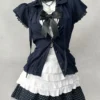 Vintage Summer Japanese Dark Mori Girl 3-Piece Set – Short-Sleeve Cardigan, White Lace Camisole Inner Top & Polka Dot Mini Skirt