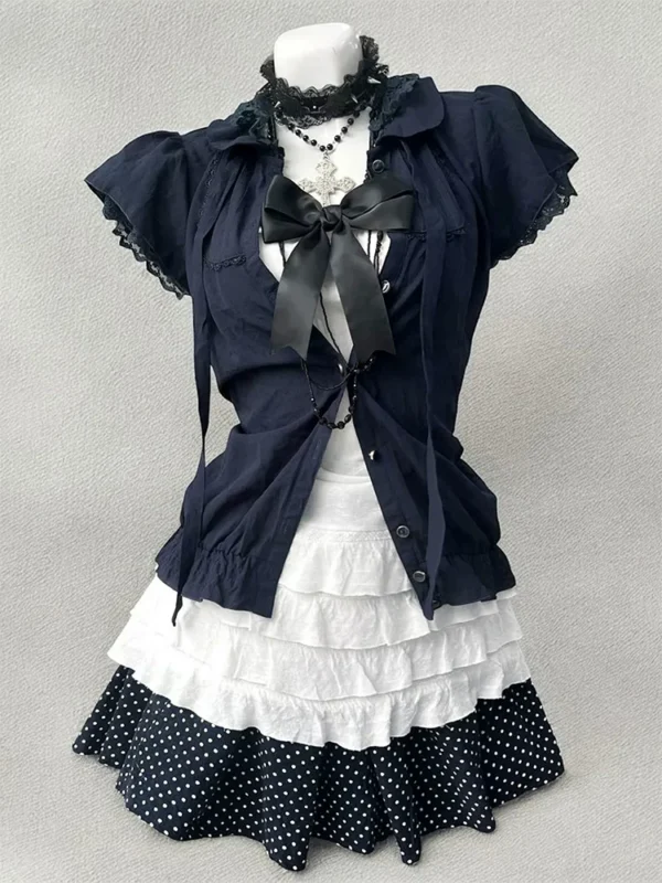 Vintage Summer Japanese Dark Mori Girl 3-Piece Set – Short-Sleeve Cardigan, White Lace Camisole Inner Top & Polka Dot Mini Skirt