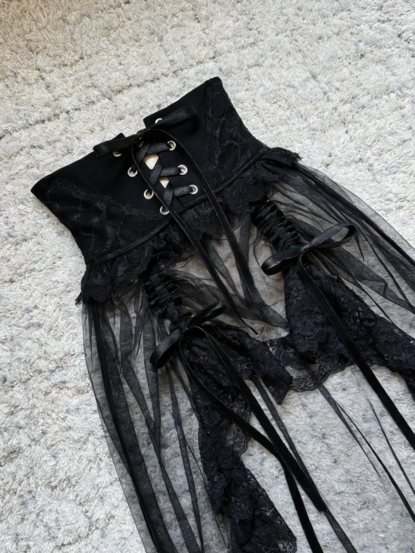 gothic lolita layered mesh corset belt with long train black white lace edge elastic underbust waist cincher subculture harajuku shrug skirt