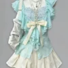 Vintage Mint Green Ruffle Cardigan, Lace Camisole & Pleated Mini Skirt – Coquette Aesthetic 3-Piece Summer Outfit Set