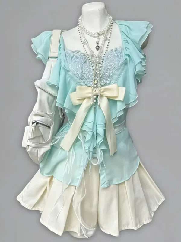 Vintage Mint Green Ruffle Cardigan, Lace Camisole & Pleated Mini Skirt – Coquette Aesthetic 3-Piece Summer Outfit Set