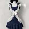 retro nana style vintage 3 piece outfit set sheer white lace cardigan shrug, ribbon bow navy cami top & tiered ruffle mini cake skirt