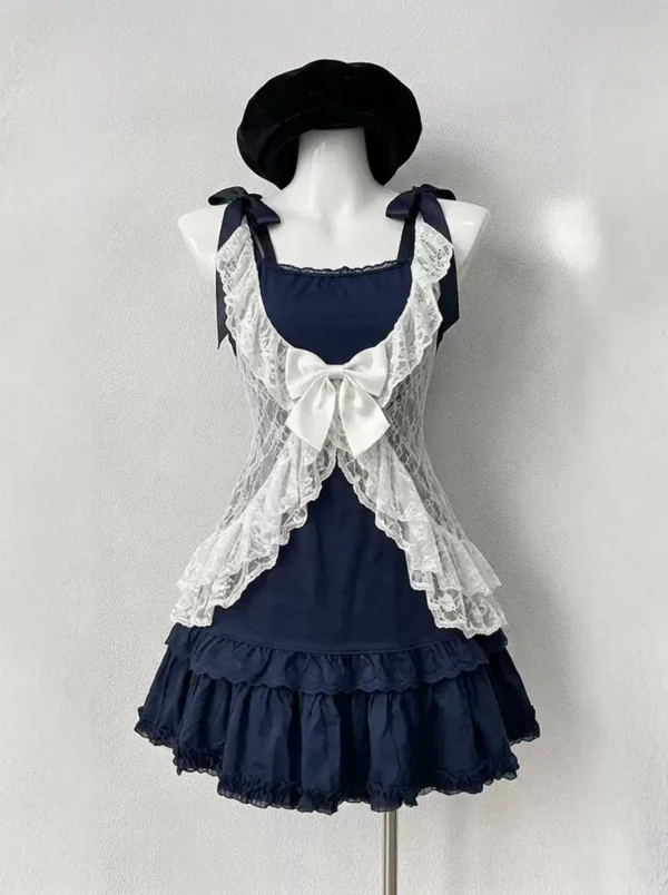 retro nana style vintage 3 piece outfit set sheer white lace cardigan shrug, ribbon bow navy cami top & tiered ruffle mini cake skirt