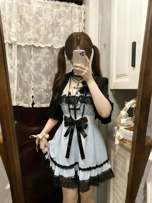 vintage gothic vintage inspired white lace cami mini dress set dark aesthetic bow cross empire waist dress with black short sleeve cardigan 2 piece set