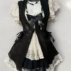 vintage gothic vintage inspired layered 3 piece outfit set black knit tie vest, beige floral lace puff sleeve cami top & tiered skirt