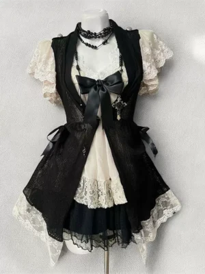 vintage gothic vintage inspired layered 3 piece outfit set black knit tie vest, beige floral lace puff sleeve cami top & tiered skirt