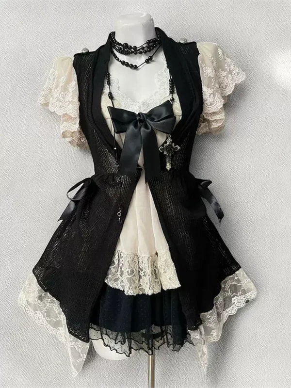 vintage gothic vintage inspired layered 3 piece outfit set black knit tie vest, beige floral lace puff sleeve cami top & tiered skirt