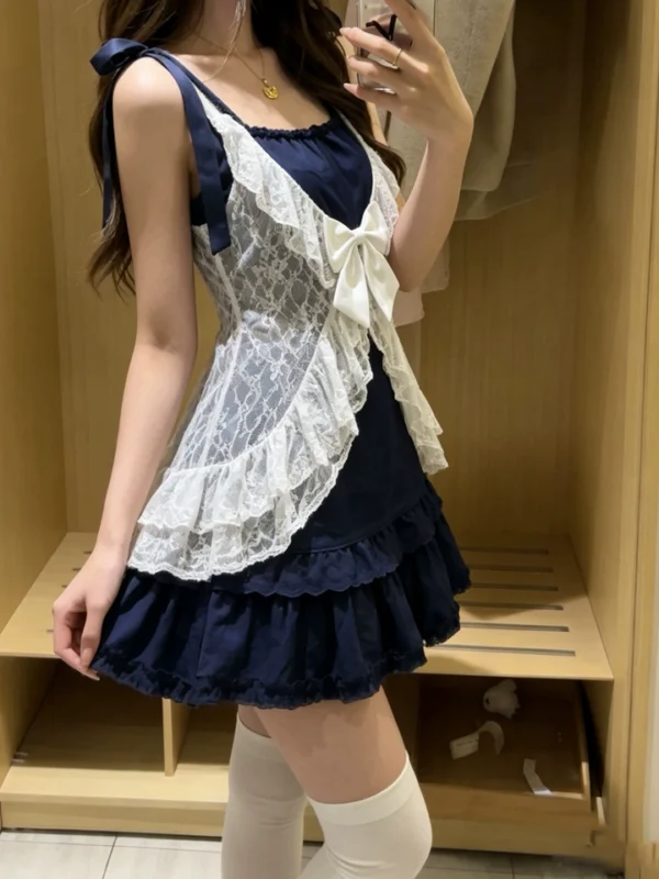 retro nana style vintage 3 piece outfit set sheer white lace cardigan shrug, ribbon bow navy cami top & tiered ruffle mini cake skirt