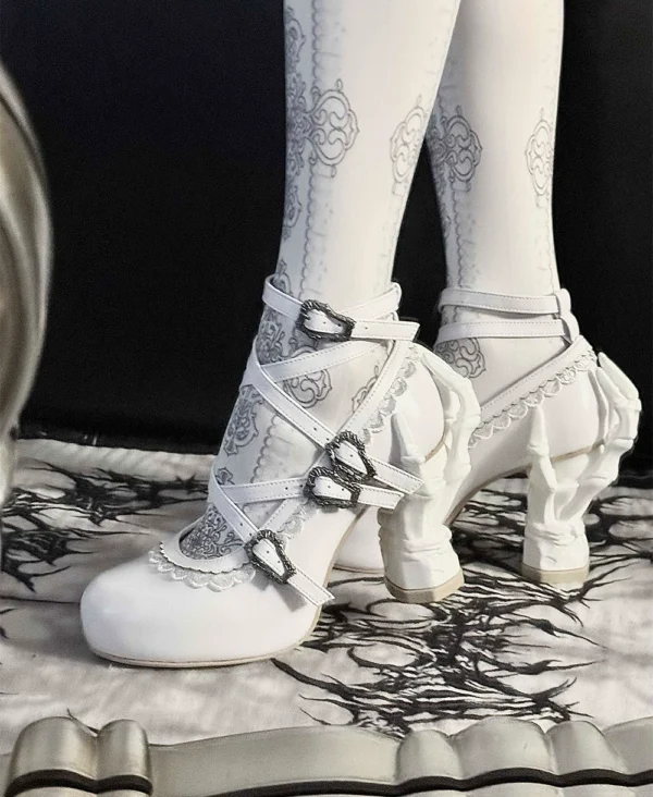 sacred remains letters original skeletal hand high heels gothic lolita cross strap pump shoes alternative subculture egl sculpted chunky heels (size 34 41)