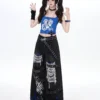 Crazygirl Punk Distressed Ripped Wide-Leg Jeans – Vintage Washed Gothic Graphic Denim Pants with Buckle Straps