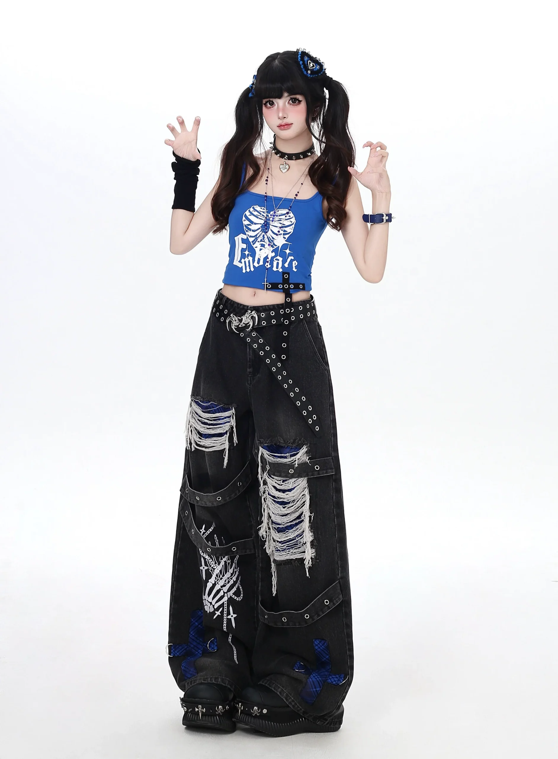 Crazygirl Punk Distressed Ripped Wide-Leg Jeans – Vintage Washed Gothic Graphic Denim Pants with Buckle Straps