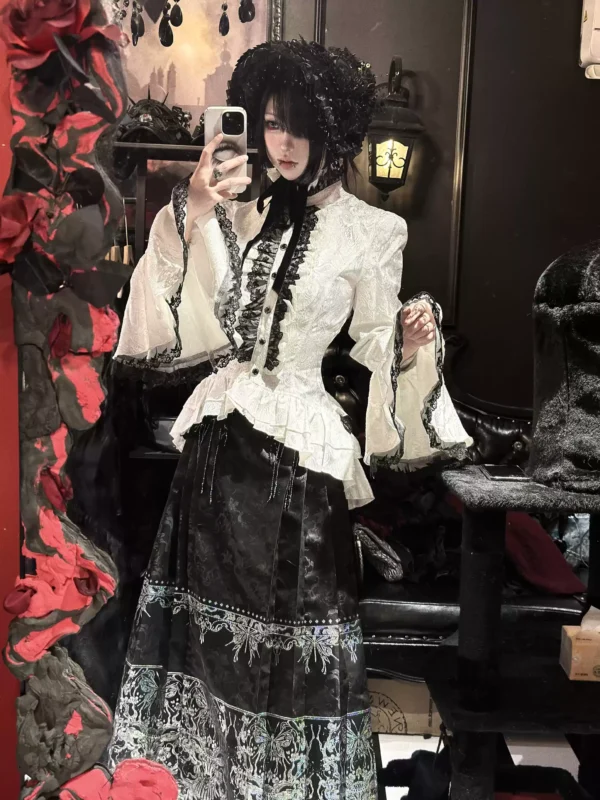 devilfashion women's gothic victorian white blouse – vintage ruffle lace bell sleeve jacquard shirt (sht01702)