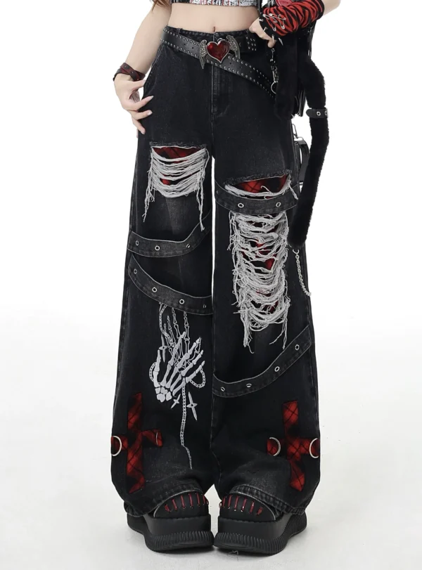 Crazygirl Punk Distressed Ripped Wide-Leg Jeans – Vintage Washed Gothic Graphic Denim Pants with Buckle Straps