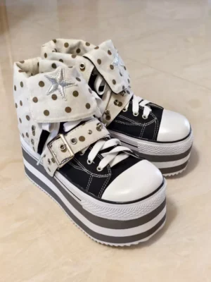 handmade polka dot star high top platform canvas sneakers – women's chunky striped sole subculture ankle boots