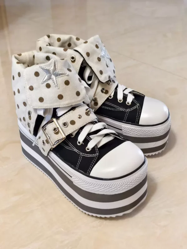 handmade polka dot star high top platform canvas sneakers – women's chunky striped sole subculture ankle boots