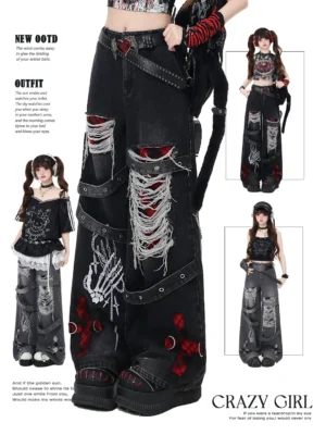 crazygirl punk distressed ripped wide leg jeans – vintage washed gothic graphic denim pants with buckle straps