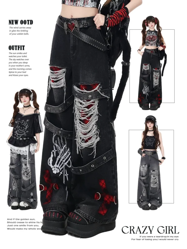 crazygirl punk distressed ripped wide leg jeans – vintage washed gothic graphic denim pants with buckle straps