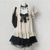 vintage gothic vintage inspired layered 3 piece outfit set black knit tie vest, beige floral lace puff sleeve cami top & tiered skirt