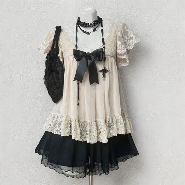 vintage gothic vintage inspired layered 3 piece outfit set black knit tie vest, beige floral lace puff sleeve cami top & tiered skirt