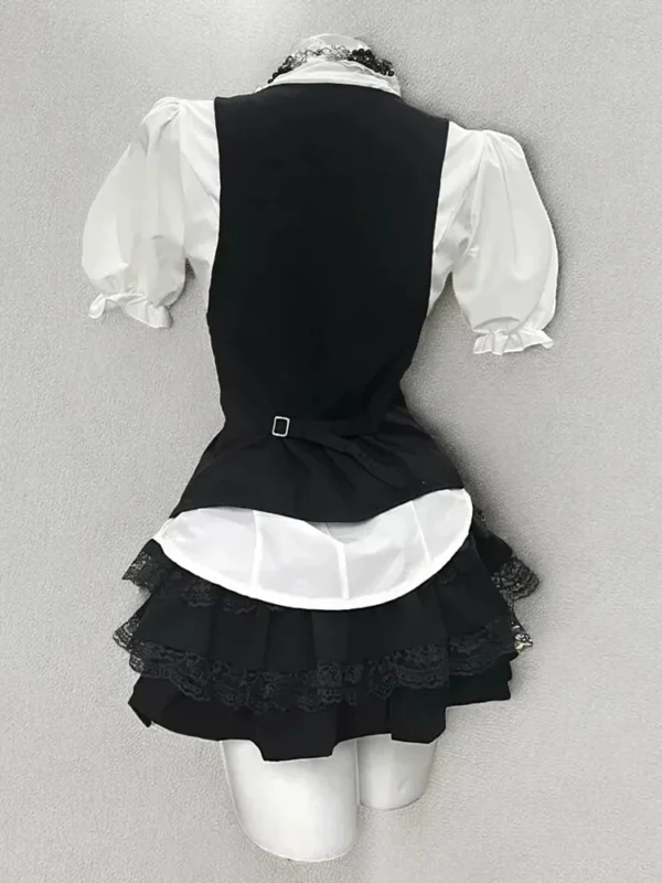 Japanese Preppy Vintage Puff Sleeve Ruffle Shirt, Tailored Vest & Lace Tiered Cake Skirt – Gothic Academic 3-Piece Summer Outfit Set