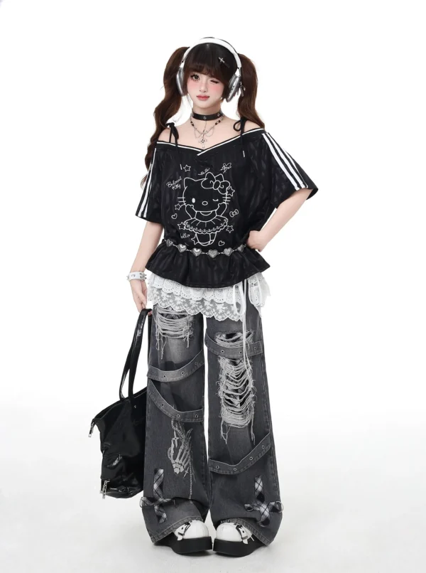 Crazygirl Punk Distressed Ripped Wide-Leg Jeans – Vintage Washed Gothic Graphic Denim Pants with Buckle Straps