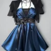 Gothic Dark Academic Satin Cami Mini Dress with Black Sheer Chiffon Shawl Cardigan – Vintage Elegant 2-Piece Summer Outfit Set