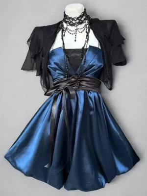 Gothic Dark Academic Satin Cami Mini Dress with Black Sheer Chiffon Shawl Cardigan – Vintage Elegant 2-Piece Summer Outfit Set