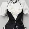 Japanese Preppy Vintage Puff Sleeve Ruffle Shirt, Tailored Vest & Lace Tiered Cake Skirt – Gothic Academic 3-Piece Summer Outfit Set