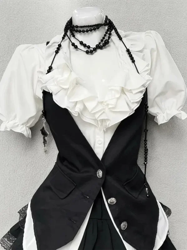 Japanese Preppy Vintage Puff Sleeve Ruffle Shirt, Tailored Vest & Lace Tiered Cake Skirt – Gothic Academic 3-Piece Summer Outfit Set