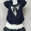 Vintage Summer Japanese Dark Mori Girl 3-Piece Set – Short-Sleeve Cardigan, White Lace Camisole Inner Top & Polka Dot Mini Skirt