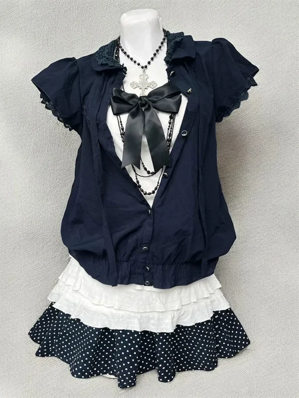 Vintage Summer Japanese Dark Mori Girl 3-Piece Set – Short-Sleeve Cardigan, White Lace Camisole Inner Top & Polka Dot Mini Skirt