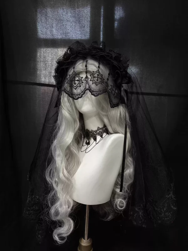 gothic lolita cross embroidered headband with veil dark aesthetic halloween headwear vampire bride lace hair accessories with secure inner clips