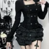 wannathis gothic dark aesthetic 2 piece set elegant double breasted long sleeve top & tiered ruffle bloomer shorts with hanging cross garter straps