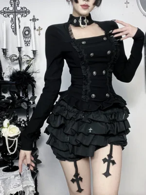 wannathis gothic dark aesthetic 2 piece set elegant double breasted long sleeve top & tiered ruffle bloomer shorts with hanging cross garter straps