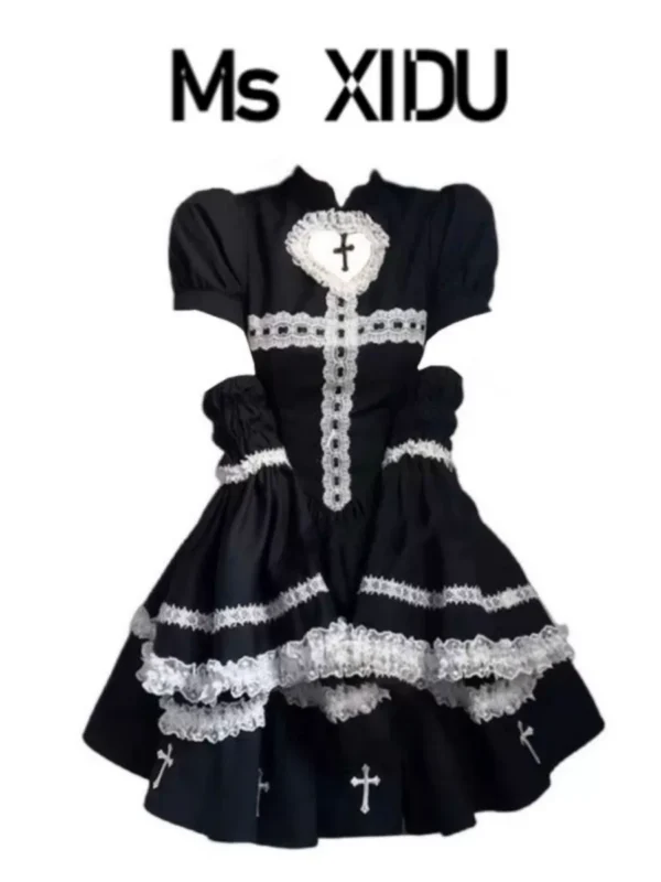 gothic cross contrast lace lolita op dress – women's black puff sleeve mini a line halloween dress