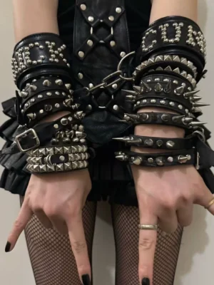 goth punk studded leather bracelet set – y2k metallic spike cuff & dark subculture wristband