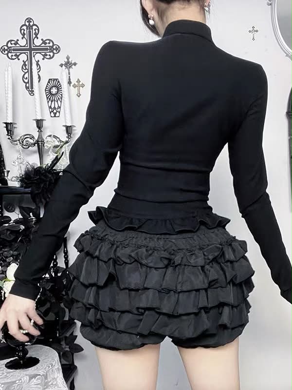 Wannathis Gothic Dark Aesthetic 2-Piece Set - Elegant Double-Breasted Long Sleeve Top & Tiered Ruffle Bloomer Shorts with Hanging Cross Garter Straps