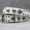 Y2K Gothic Punk Skull Studded Belt – Vintage Western Rhinestone Buckle Leather Belt with Cross & Fleur-de-Lis Metal Accents