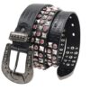 Y2K Gothic Punk Skull Studded Belt – Vintage Western Rhinestone Buckle Leather Belt with Cross & Fleur-de-Lis Metal Accents